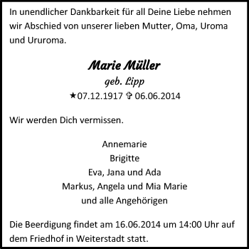 Traueranzeige von Marie Müller von Echo-Zeitungen (Gesamtausgabe)