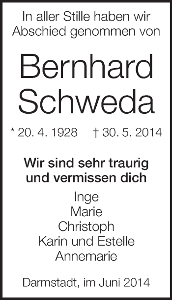 Traueranzeige von Bernhard Schweda von Echo-Zeitungen (Gesamtausgabe)