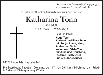 Traueranzeige von Katharina Tonn von Echo-Zeitungen (Gesamtausgabe)