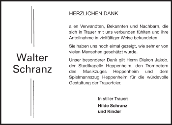 Traueranzeige von Walter Schranz von Starkenburger Echo, Bergsträßer Anzeiger