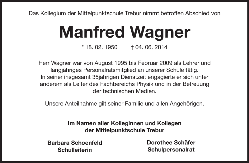  Traueranzeige für Manfred Wagner vom 14.06.2014 aus Rüsselsheimer Echo, Groß-Gerauer-Echo, Ried Echo
