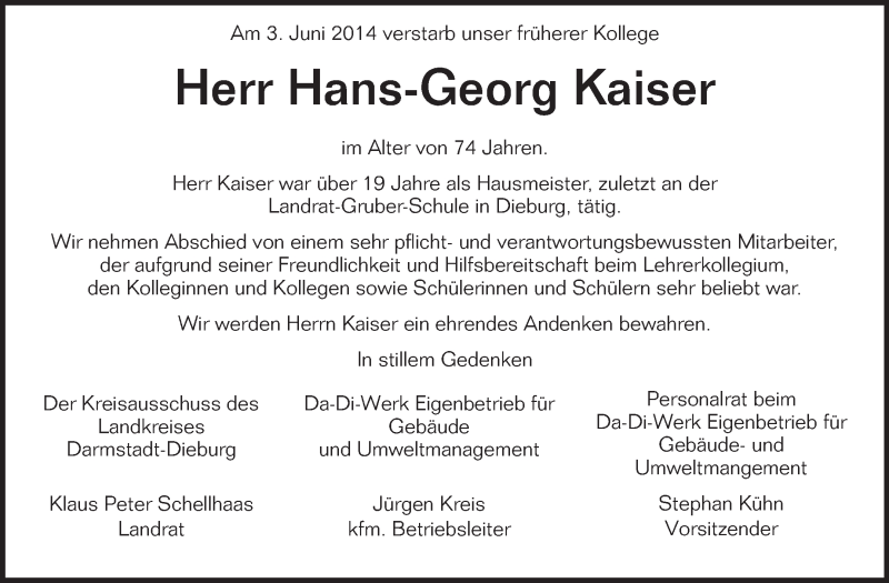  Traueranzeige für Hans-Georg Kaiser vom 14.06.2014 aus Echo-Zeitungen (Gesamtausgabe)