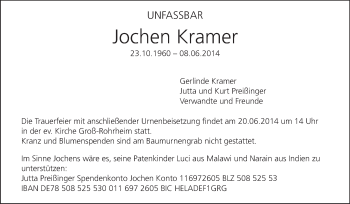 Traueranzeige von Jochen Kramer von Echo-Zeitungen (Gesamtausgabe)