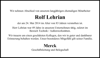 Traueranzeige von Rolf Lehrian von Echo-Zeitungen (Gesamtausgabe)