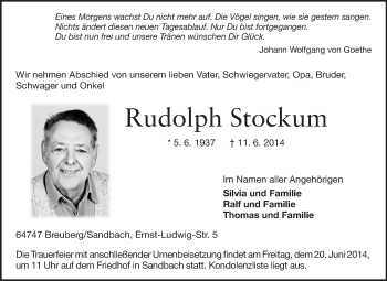 Traueranzeige von Rudolph Stockum von Odenwälder Echo