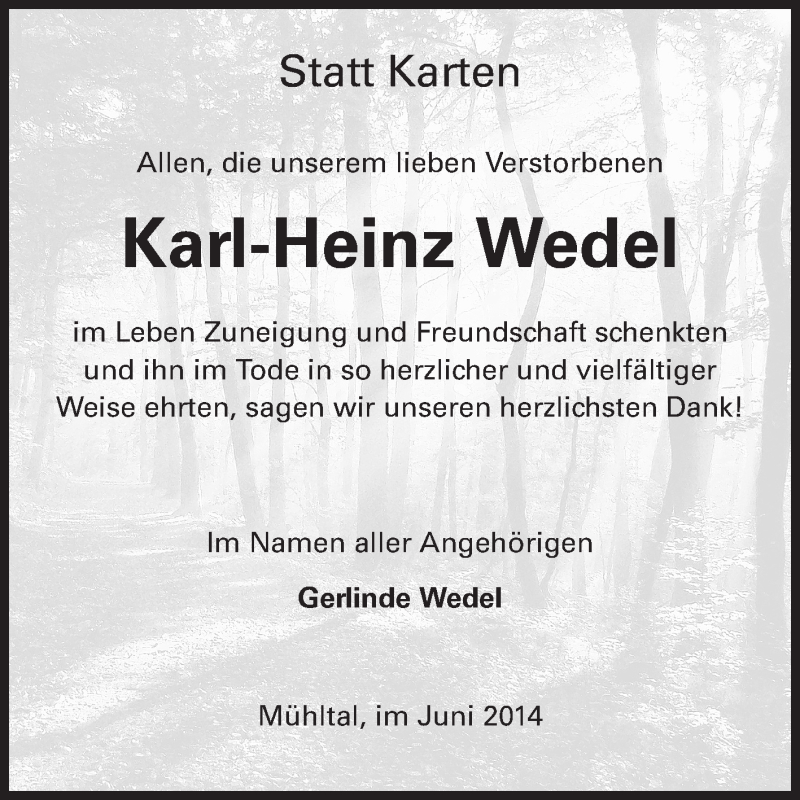  Traueranzeige für Karl-Heinz Wedel vom 14.06.2014 aus Echo-Zeitungen (Gesamtausgabe)