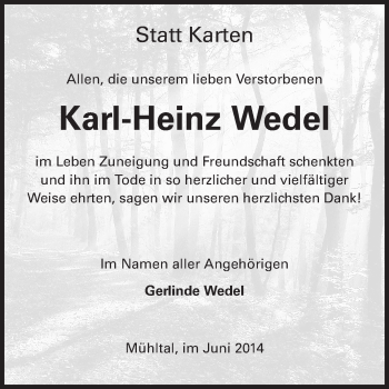 Traueranzeige von Karl-Heinz Wedel von Echo-Zeitungen (Gesamtausgabe)