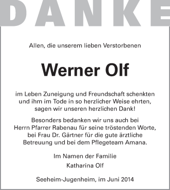 Traueranzeige von Werner Olf von Echo-Zeitungen (Gesamtausgabe)