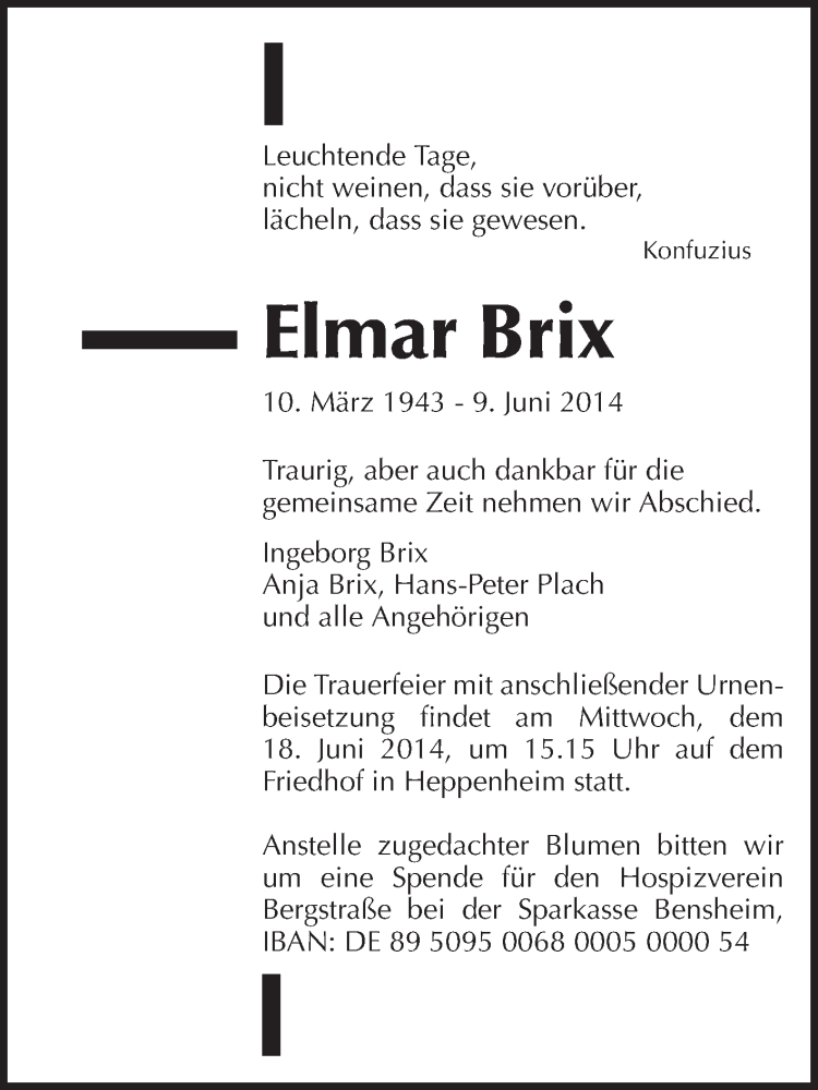  Traueranzeige für Elmar Brix vom 16.06.2014 aus Starkenburger Echo, Bergsträßer Anzeiger