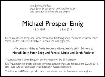 Traueranzeige von Michael  Prosper Emig von Rüsselsheimer Echo, Groß-Gerauer-Echo, Ried Echo