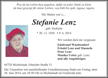 Traueranzeige von Stefanie Lenz von Odenwälder Echo