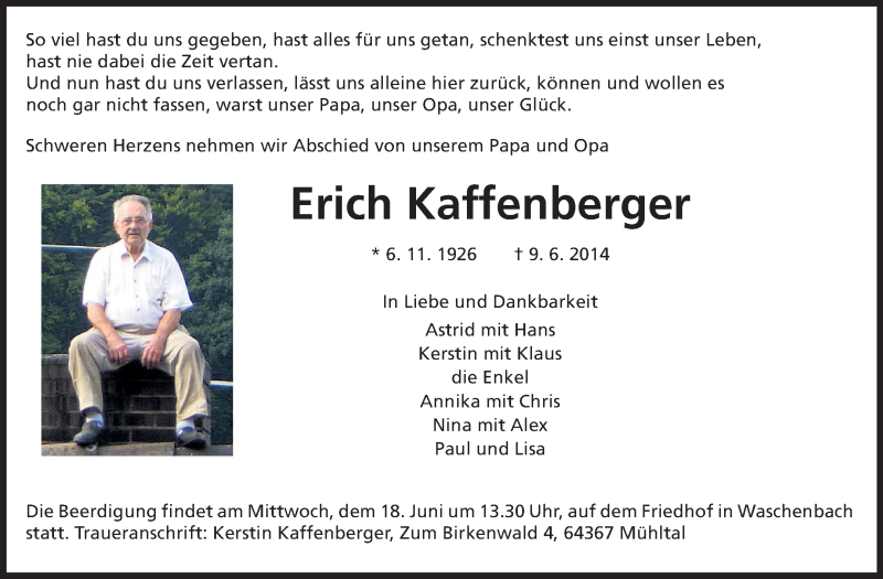  Traueranzeige für Erich Kaffenberger vom 14.06.2014 aus Echo-Zeitungen (Gesamtausgabe)