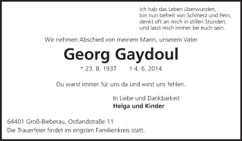 Traueranzeige von Georg Gaydoul von Echo-Zeitungen (Gesamtausgabe)
