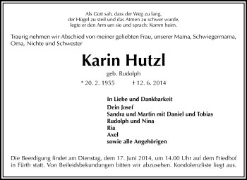Traueranzeige von Karin Hutzl von Starkenburger Echo, Bergsträßer Anzeiger