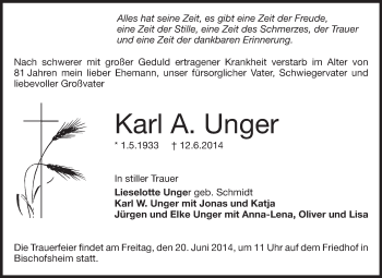 Traueranzeige von Karl A. Unger von Rüsselsheimer Echo, Groß-Gerauer-Echo, Ried Echo