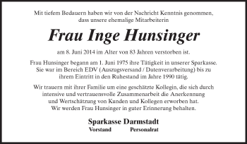 Traueranzeige von Inge Hunsinger von Echo-Zeitungen (Gesamtausgabe)
