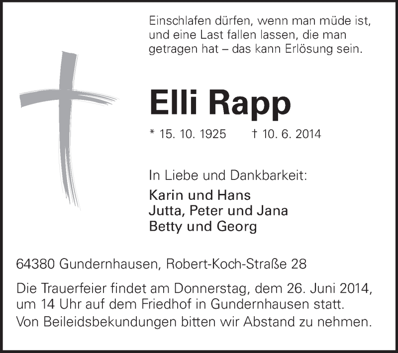  Traueranzeige für Elli Rapp vom 21.06.2014 aus Echo-Zeitungen (Gesamtausgabe)