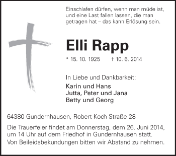 Traueranzeige von Elli Rapp von Echo-Zeitungen (Gesamtausgabe)