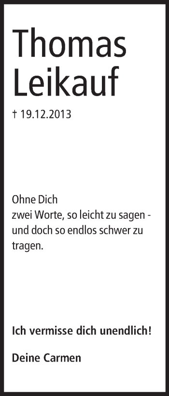 Traueranzeige von Thomas Leikauf von Rüsselsheimer Echo, Groß-Gerauer-Echo, Ried Echo