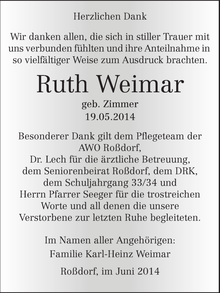  Traueranzeige für Ruth Weimar vom 21.06.2014 aus Echo-Zeitungen (Gesamtausgabe)