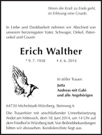 Traueranzeige von Erich Walther von Odenwälder Echo