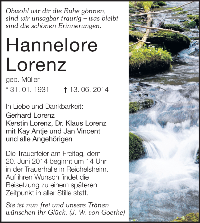  Traueranzeige für Hannelore Lorenz vom 18.06.2014 aus Odenwälder Echo