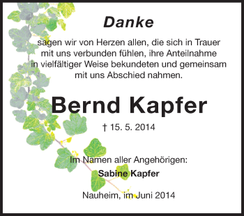 Traueranzeige von Bernd Kapfer von Rüsselsheimer Echo, Groß-Gerauer-Echo, Ried Echo