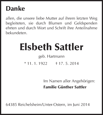 Traueranzeige von Elsbeth Sattler von Odenwälder Echo