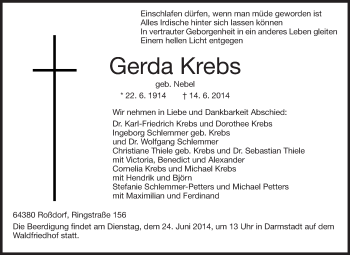Traueranzeige von Gerda Krebs von Echo-Zeitungen (Gesamtausgabe)