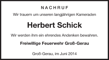 Traueranzeige von Herbert Schick von Rüsselsheimer Echo, Groß-Gerauer-Echo, Ried Echo
