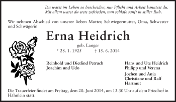 Traueranzeige von Erna Heidrich von Echo-Zeitungen (Gesamtausgabe)