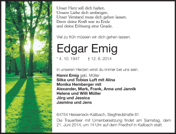 Traueranzeige von Edgar Emig von Odenwälder Echo