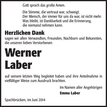 Traueranzeige von Werner Laber von Echo-Zeitungen (Gesamtausgabe)