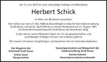 Traueranzeige von Herbert Schick von Rüsselsheimer Echo, Groß-Gerauer-Echo, Ried Echo
