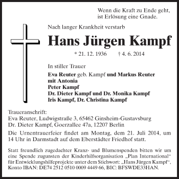 Traueranzeige von Hans Jürgen Kampf von Echo-Zeitungen (Gesamtausgabe)