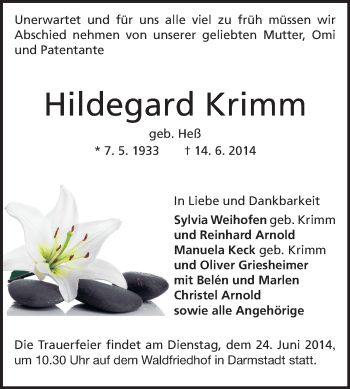 Traueranzeige von Hildegard Krimm von Echo-Zeitungen (Gesamtausgabe)