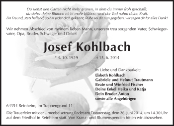 Traueranzeige von Josef Kohlbach von Echo-Zeitungen (Gesamtausgabe)
