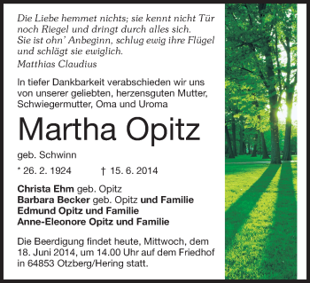 Traueranzeige von Martha Opitz von Echo-Zeitungen (Gesamtausgabe)