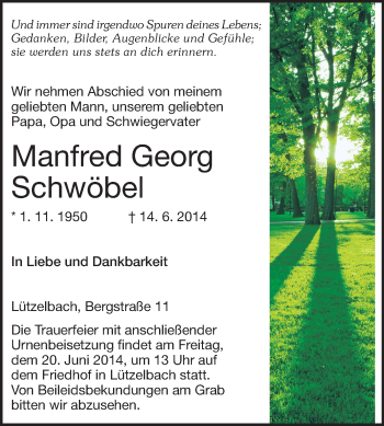 Traueranzeige von Manfred Georg Schwöbel von Odenwälder Echo