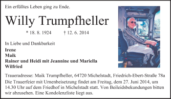 Traueranzeige von Willy Trumpfheller von Odenwälder Echo