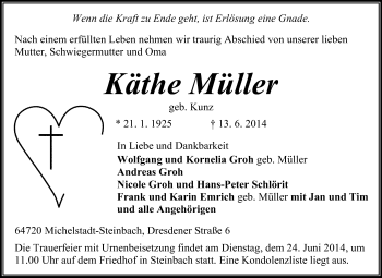Traueranzeige von Käthe Müller von Odenwälder Echo