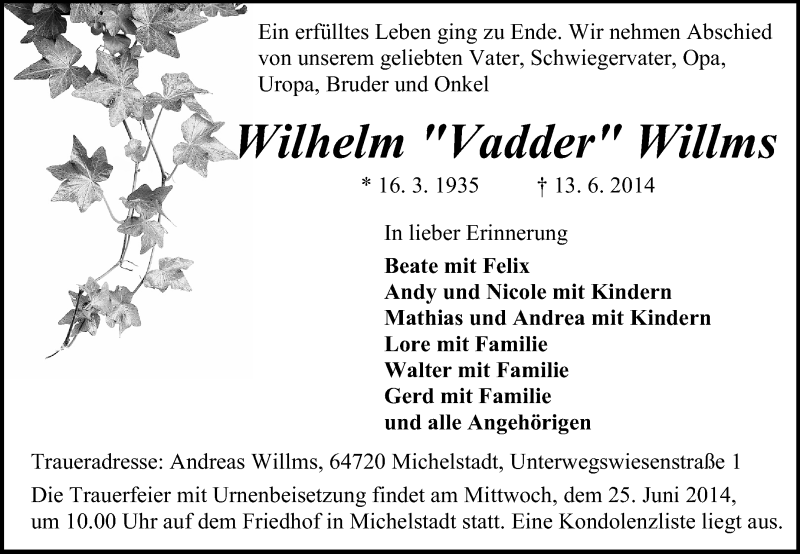  Traueranzeige für Wilhelm  Willms vom 18.06.2014 aus Odenwälder Echo