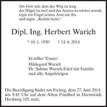 Traueranzeige von Herbert Warich von Echo-Zeitungen (Gesamtausgabe)