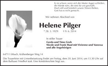 Traueranzeige von Helene Pilger von Odenwälder Echo