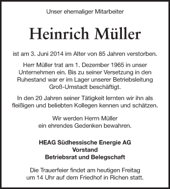 Traueranzeige von Heinrich Müller von Echo-Zeitungen (Gesamtausgabe)