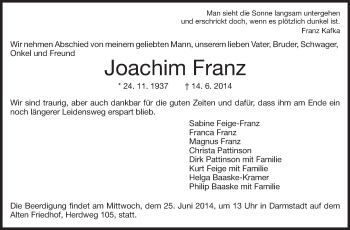 Traueranzeige von Joachim Franz von Echo-Zeitungen (Gesamtausgabe)