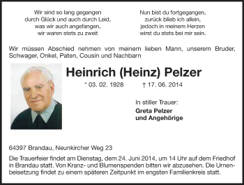 Traueranzeige von Heinrich Pelzer von Echo-Zeitungen (Gesamtausgabe)