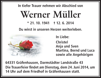 Traueranzeige von Werner Müller von Echo-Zeitungen (Gesamtausgabe)