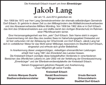 Traueranzeige von Jakob Lang von Odenwälder Echo