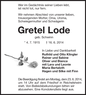 Traueranzeige von Gretel Lode von Odenwälder Echo